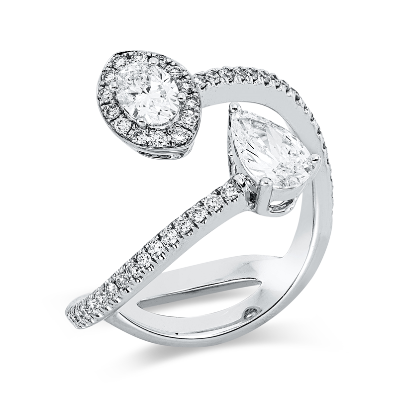 Ring 18 kt WG, 1 Oval 0,26 ct, F-vsi/si, 1 Tropfen 0,39 ct, F-vsi/si, 49 Brill. 0,26 ct, F-vsi/si