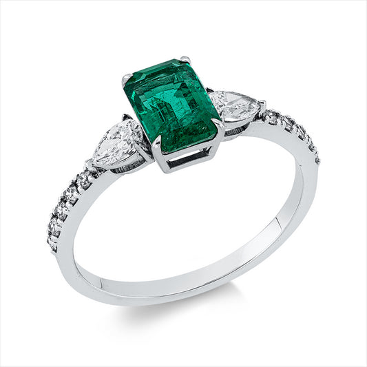 Ring 18 kt WG, 2 Tropfen 0,27 ct, TW-vsi, 10 Brill. 0,11 ct, TW-vsi, 1 Smaragd 1,06 ct grün