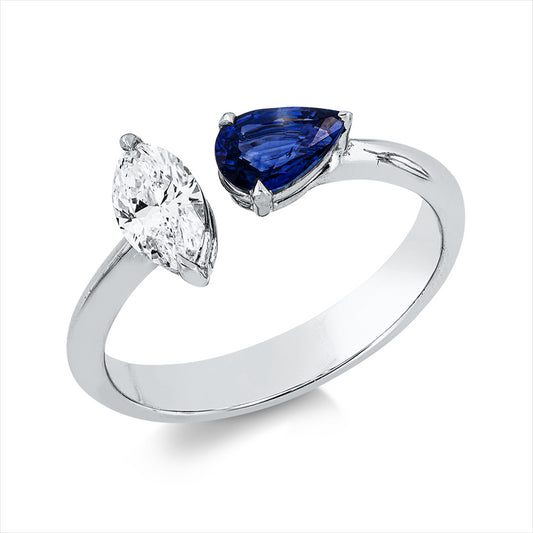 Ring 18 kt WG, 1 Nav. 0,43 ct, TW-vsi, 1 Saphir 0,62 ct blau