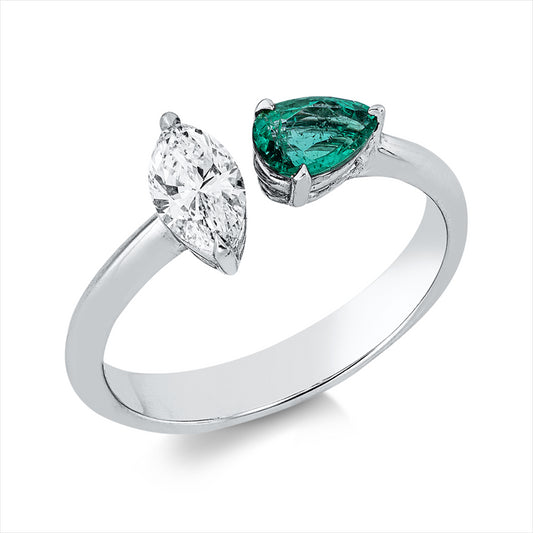 Ring 18 kt WG, 1 Nav. 0,42 ct, TW-vsi, 1 Smaragd 0,41 ct grün