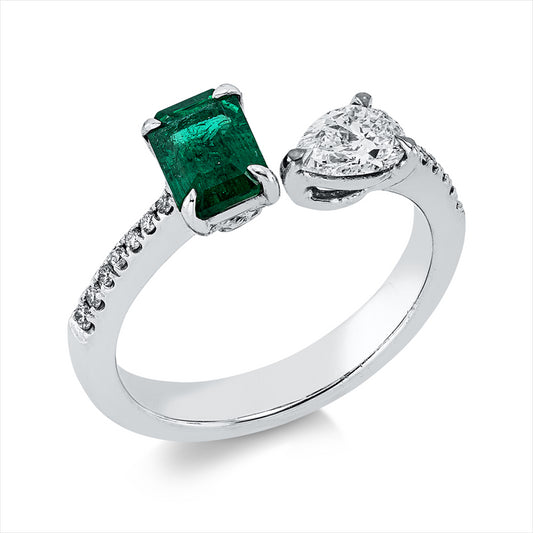 Ring 18 kt WG, 1 Tropfen 0,41 ct, TW-vsi, 14 Brill. 0,08 ct, TW-vsi, 1 Smaragd 0,75 ct grün