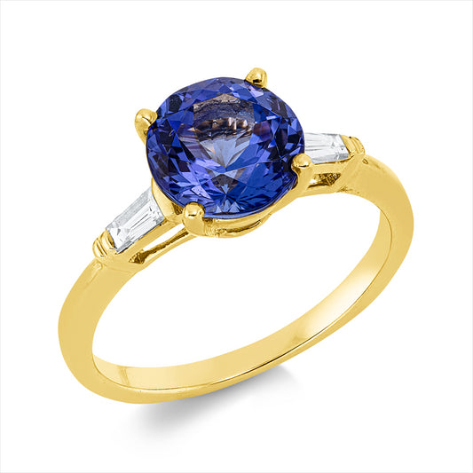 Ring 14 kt GG, 2 Trap. 0,18 ct, TW-si, 1 Tansanit 2,10 ct blau
