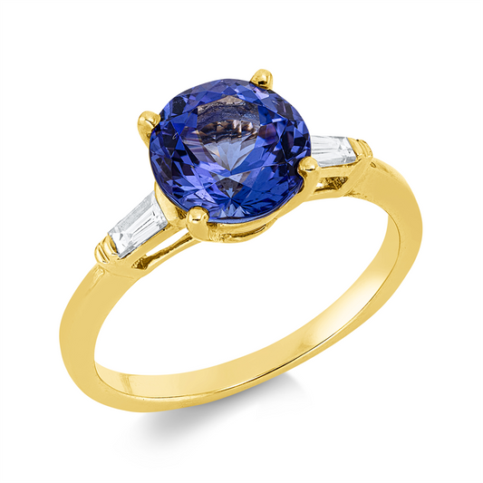 Ring 18 kt GG, 2 Trap. 0,10 ct, TW-si, 1 Tansanit 2,39 ct blau