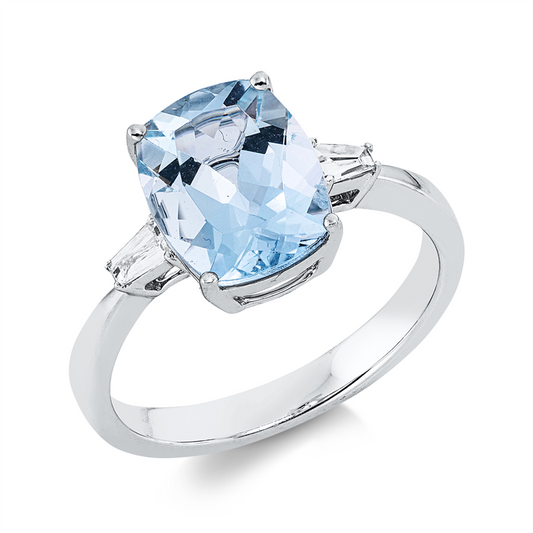 Ring 18 kt WG, 2 Trap. 0,12 ct, TW-si, 1 Aquamarin 2,39 ct blau