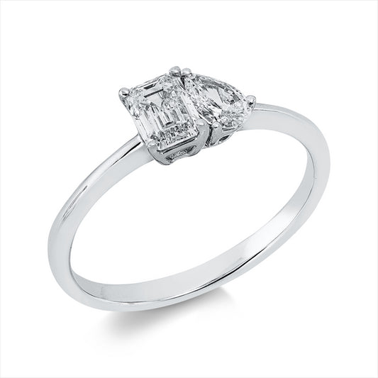 Ring 18 kt WG, GIA 1529036579, 1 Sm.schliff 0,50 ct, W-si1, 1 Tropfen 0,21 ct, TW-si