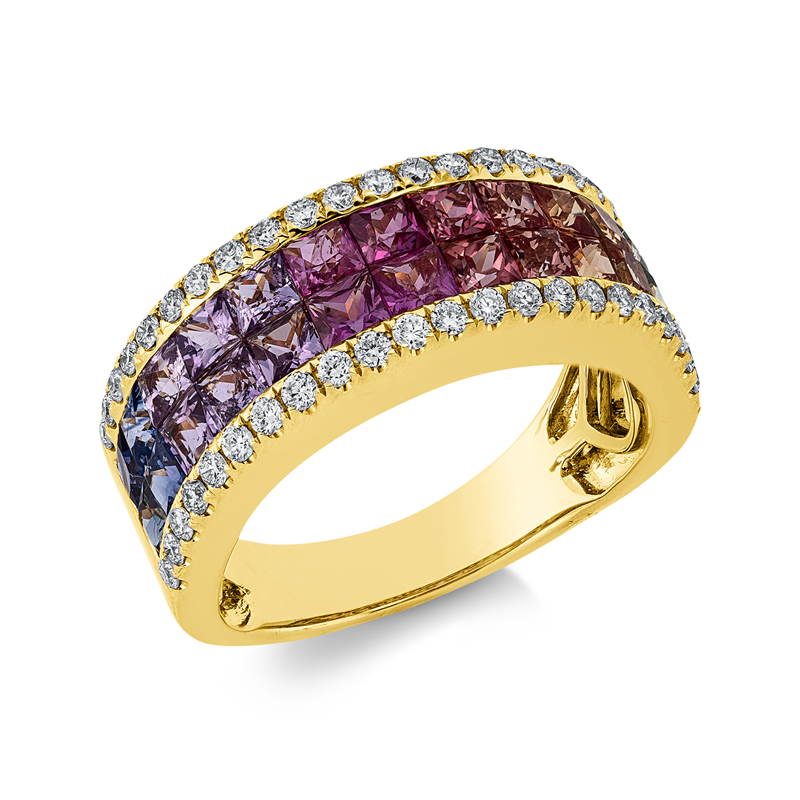 Ring 18 kt GG, 44 Brill. 0,42 ct, TW-si, 26 Saphire 2,95 ct fancy