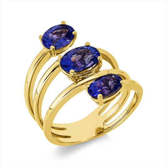 Ring 18 kt GG, 1 Tansanit 1,35 ct blau, 2 Tansanit 1,76 ct blau