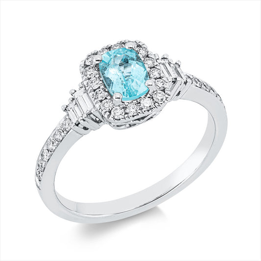 Ring 18 kt WG, 4 Bag. 0,15 ct, TW-si, 29 Brill. 0,26 ct, TW-si, 1 Paraiba 0,58 ct blau