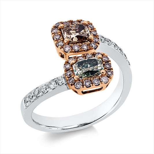Ring 18 kt WG+RG, 12 Brill. 0,22 ct, TW-si, 2 Fant-Schl. 0,97 ct, fancy, 28 Brill. 0,26 ct, pink