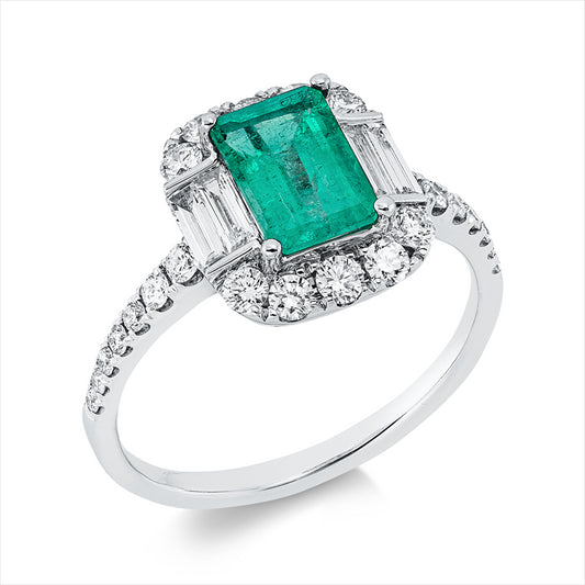 Ring 18 kt WG, 4 Bag. 0,20 ct, TW-si, 24 Brill. 0,48 ct, TW-si, 1 Smaragd 0,95 ct grün