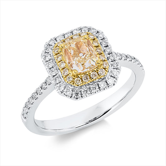 Ring 18 kt WG+GG, 40 Brill. 0,25 ct, TW-si, 1 Cushion 1,01 ct, gelb, 18 Brill. 0,09 ct, gelb