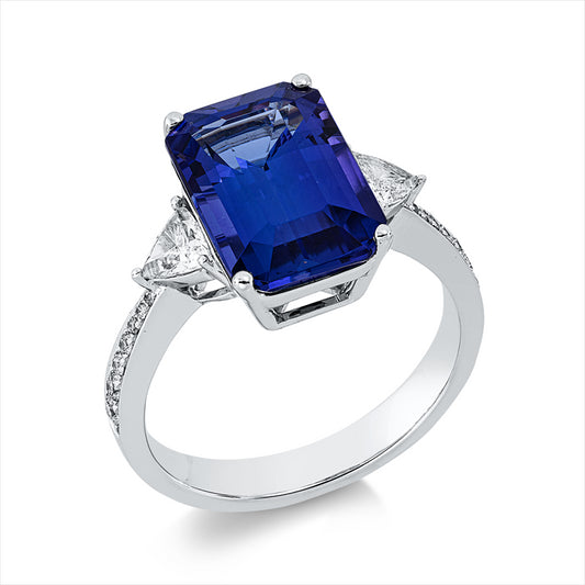 Ring 18 kt WG, 2 Triangel 0,38 ct, TW-si, 14 Brill. 0,13 ct, TW-si, 1 Tansanit 5,41 ct blau