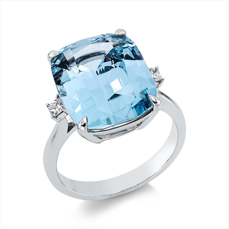 Ring 18 kt WG, 2 Princ. 0,12 ct, TW-si, 1 Aquamarin 8,79 ct blau