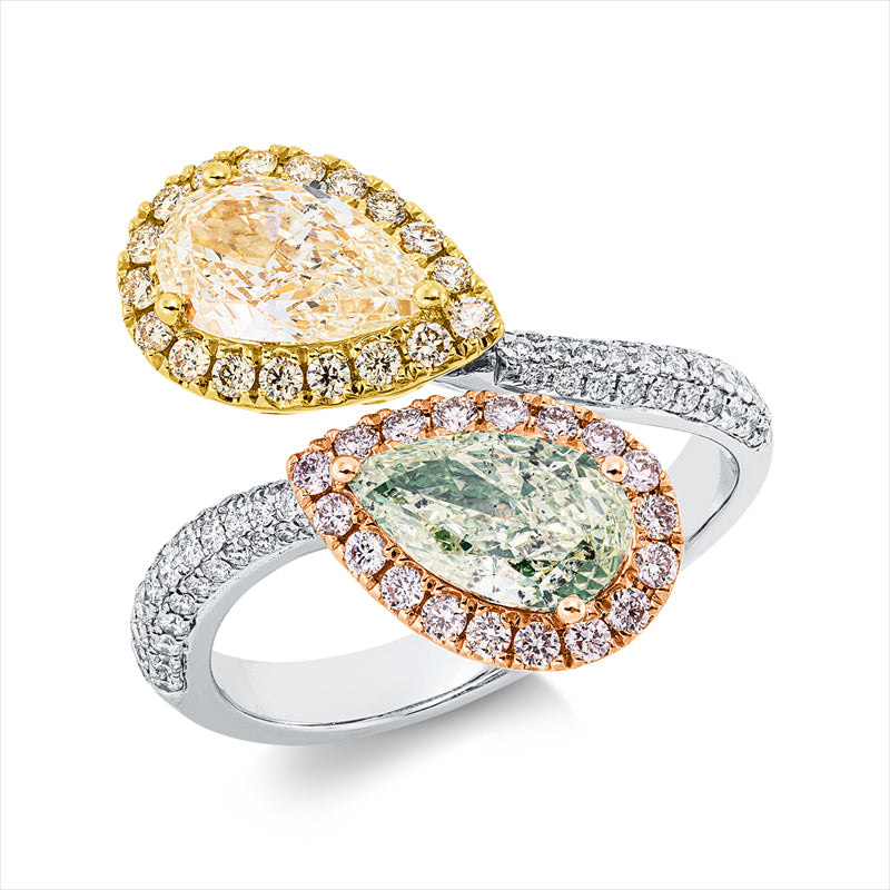 Ring 18 kt WG+GG+RG, 62 Brill. 0,26 ct, TW-si, 1 Tropfen 1,05 ct, gelb, 1 Tropfen 1,01 ct, grün, 18 Brill. 0,16 ct, gelb, 18 Brill. 0,17 ct, pink