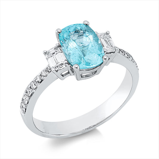 Ring 18 kt WG, 2 Sm.schliff 0,37 ct, TW-si, 14 Brill. 0,17 ct, TW-si, 1 Paraiba 1,53 ct blau