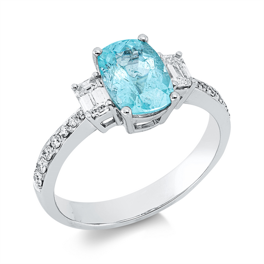 Ring 18 kt WG, 2 Sm.schliff 0,37 ct, TW-si, 14 Brill. 0,17 ct, TW-si, 1 Paraiba 1,53 ct blau