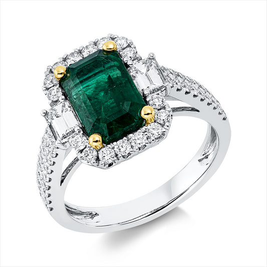 Ring 950 Pt GP, 52 Brill. 0,62 ct, TW-si, 2 Sm.schliff 0,45 ct, TW-vsi, 1 Smaragd 3,02 ct grün