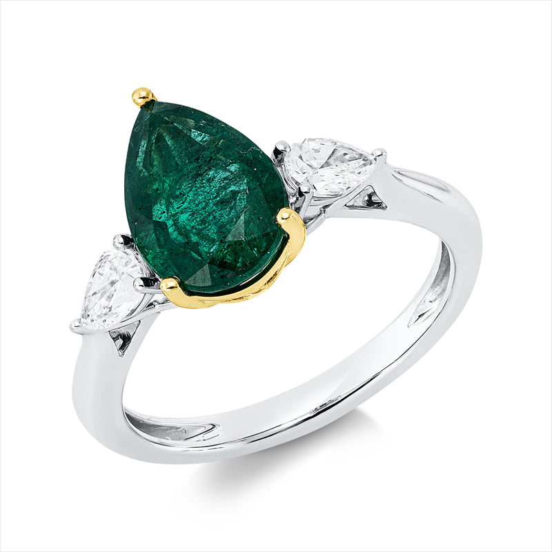Ring 950 Pt GP, 2 Tropfen 0,42 ct, TW-vsi, 1 Smaragd 2,00 ct grün