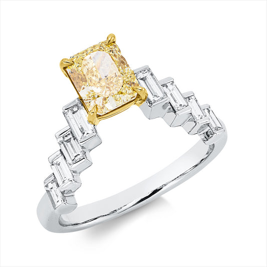 Ring 18 kt WG+GG, GIA 1433710081, 8 Bag. 0,58 ct, D/TW-vsi/si, 1 Radiant 1,28 ct, gelb-si2