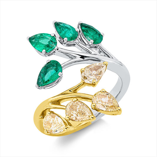 Ring 18 kt WG+GG, 4 Tropfen 1,38 ct, gelb-vsi, 2 Smaragde 0,51 ct grün, 2 Smaragde 0,43 ct grün