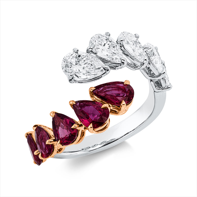 Ring 18 kt WG+RG, 5 Tropfen 1,40 ct, D/TW-vsi/si, 5 Rubin 1,75 ct rot