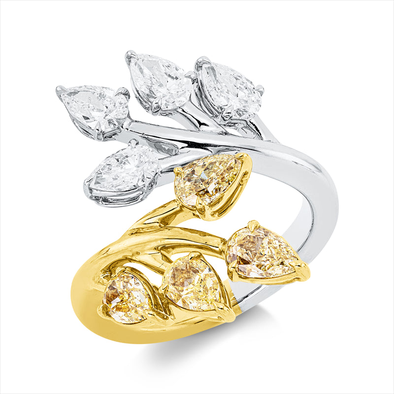 Ring 18 kt WG+GG, 4 Tropfen 1,29 ct, gelb-vsi, 4 Tropfen 1,07 ct, D/TW-vsi/si