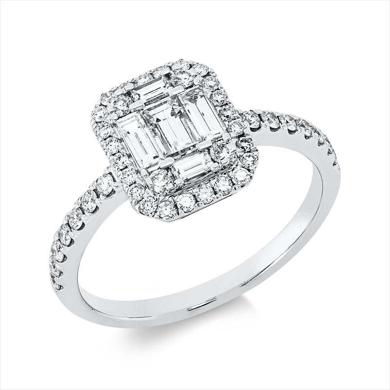 Ring 18 kt WG, 4 Bag. 0,28 ct, TW-vsi/si, 1 Bag. 0,19 ct, TW-vsi, 42 Brill. 0,38 ct, TW-si
