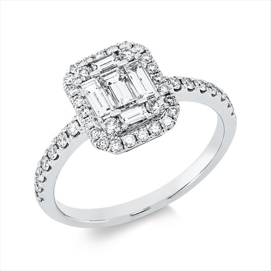 Ring 18 kt WG, 4 Bag. 0,28 ct, TW-vsi/si, 1 Bag. 0,19 ct, TW-vsi, 42 Brill. 0,38 ct, TW-si