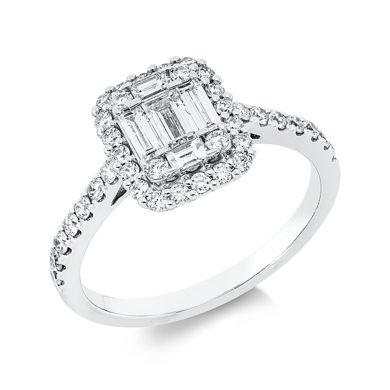 Ring 18 kt WG, 4 Bag. 0,19 ct, TW-vsi/si, 1 Bag. 0,20 ct, TW-vsi/si, 38 Brill. 0,43 ct, TW-si