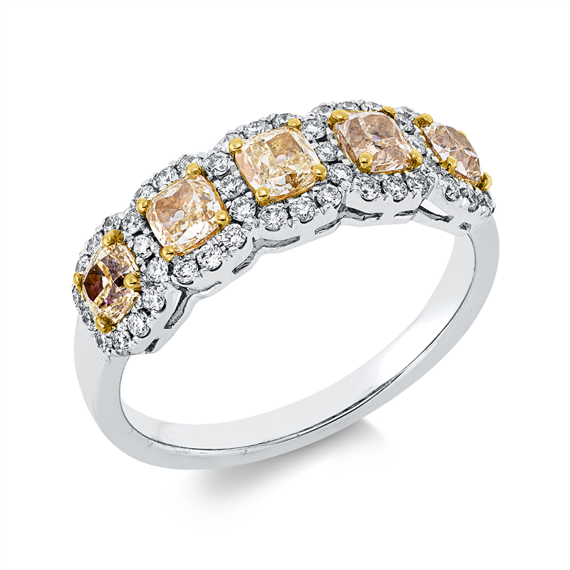 Ring 18 kt WG+GG, 48 Brill. 0,30 ct, TW-si, 5 Cushion 1,16 ct, gelb