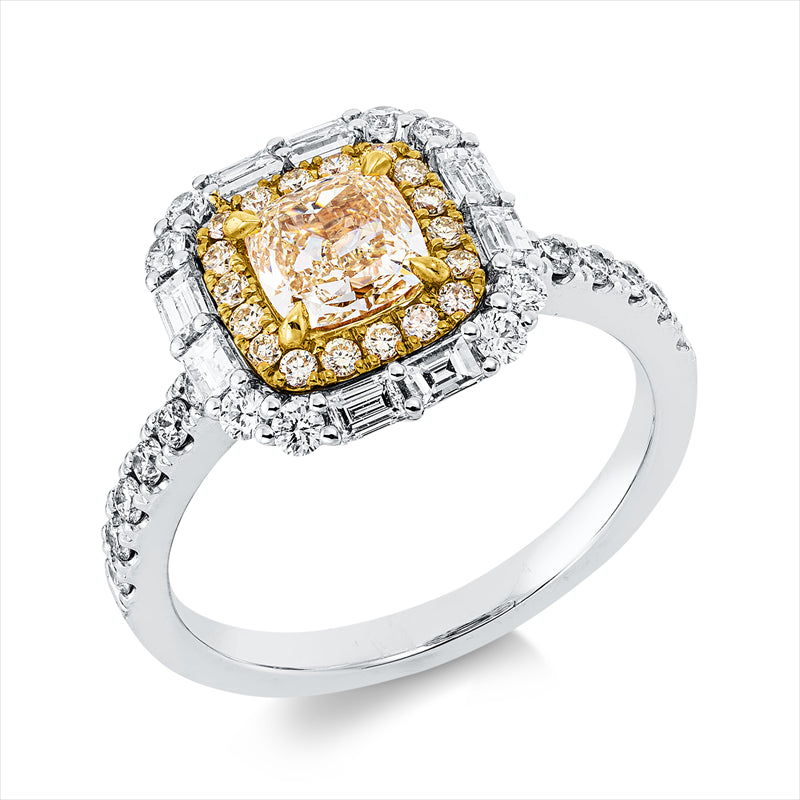 Ring 18 kt , 8 Bag. 0,37 ct, TW-vsi/si, 20 Brill. 0,35 ct, TW-si, 1 Cushion 1,01 ct, gelb, 18 Brill. 0,14 ct