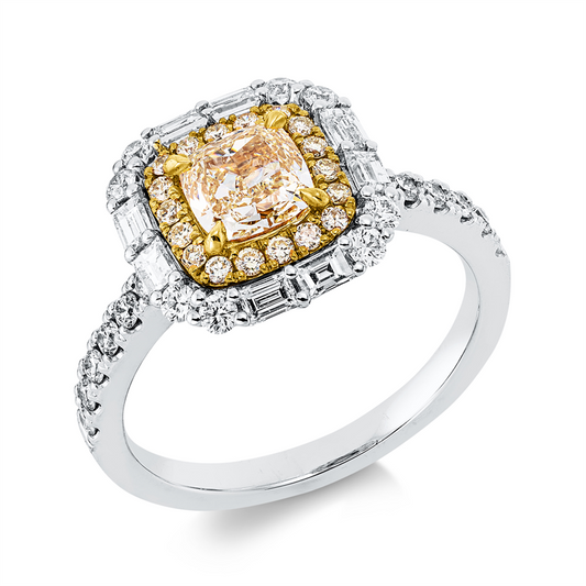 Ring 18 kt WG+GG, 8 Bag. 0,37 ct, TW-vsi/si, 20 Brill. 0,35 ct, TW-si, 1 Cushion 1,01 ct, gelb, 18 Brill. 0,14 ct, gelb