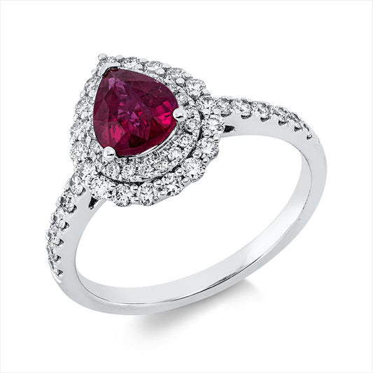 Ring 18 kt WG, 50 Brill. 0,51 ct, TW-si, 1 Rubin 1,12 ct rot