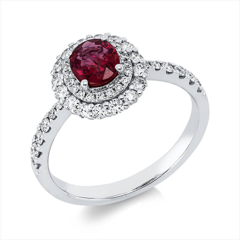 Ring 18 kt WG, 48 Brill. 0,50 ct, TW-si, 1 Rubin 0,70 ct rot