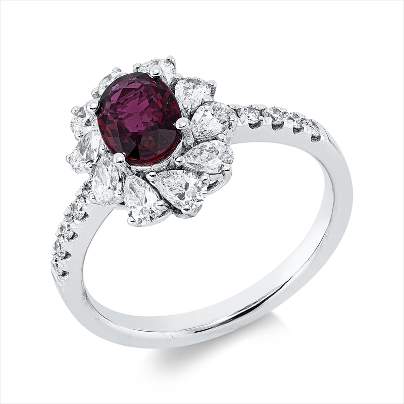 Ring 18 kt WG, 10 Tropfen 0,71 ct, TW-vsi/si, 10 Brill. 0,13 ct, TW-si, 1 Rubin 0,83 ct rot