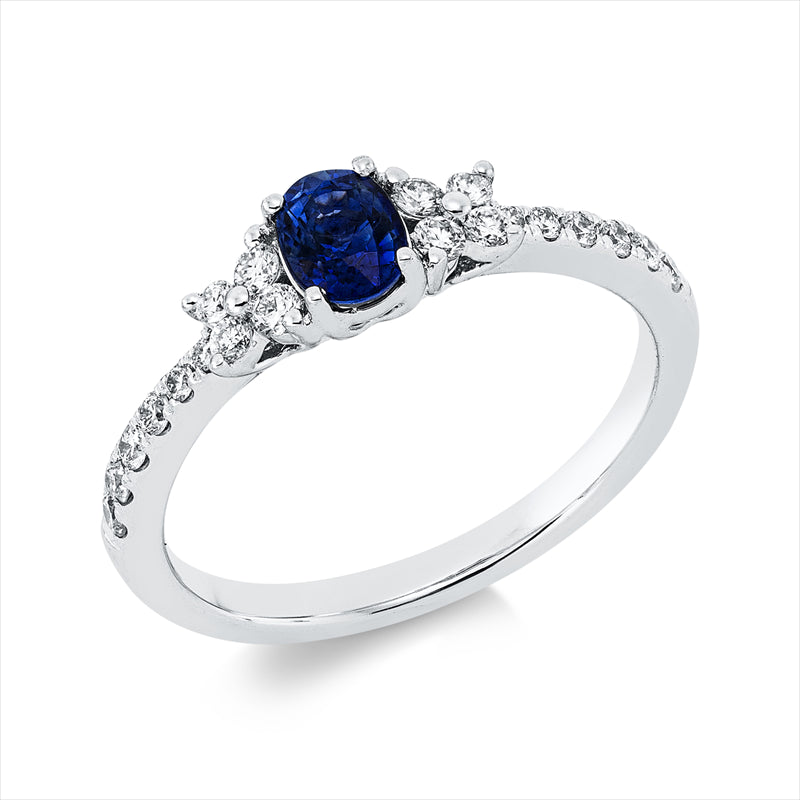 Ring 18 kt WG, 20 Brill. 0,15 ct, TW-si, 1 Saphir 0,31 ct blau
