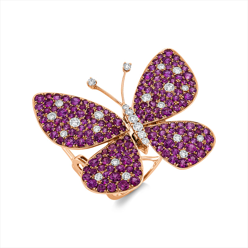 Ring 18 kt RG, 26 Brill. 0,72 ct, TW-vsi/si, 164 Rubine 5,68 ct rot