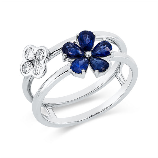 Ring 18 kt WG, 4 Brill. 0,18 ct, TW-si, 1 Brill. 0,02 ct, TW-si, 5 Saphire 0,88 ct blau