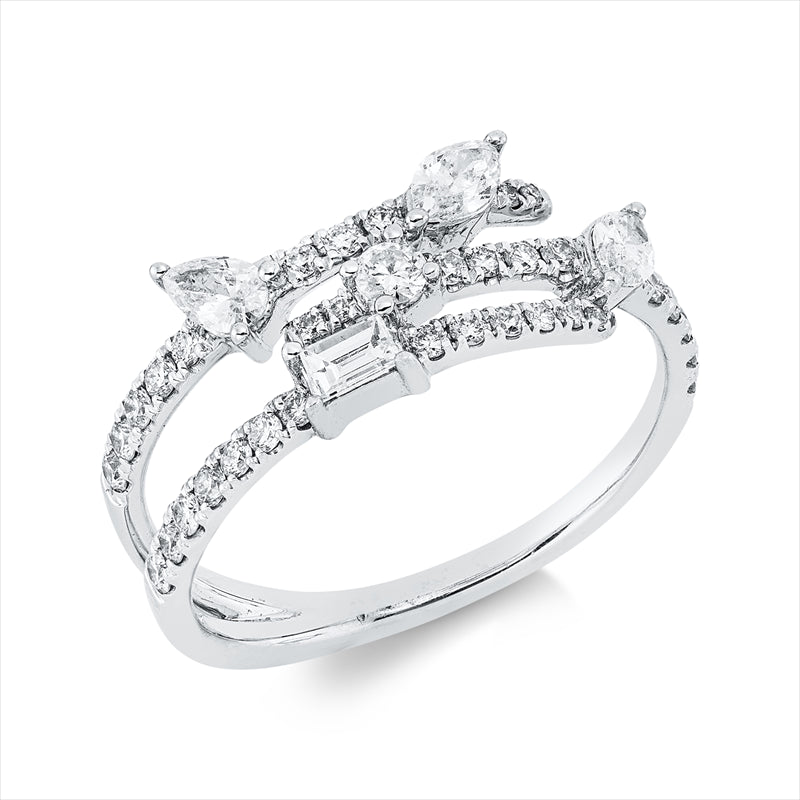 Ring 18 kt WG,12 Brill. 0,06 ct, 1 Bag. 0,08 ct, 1 Tropfen 0,08 ct, 2 Nav.0,21 ct, 24 Brill. 0,29 ct, TW-si