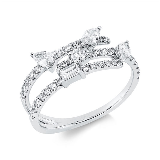 Ring 18 kt WG,12 Brill. 0,06 ct, 1 Bag. 0,08 ct, 1 Tropfen 0,08 ct, 2 Nav.0,21 ct, 24 Brill. 0,29 ct, TW-si