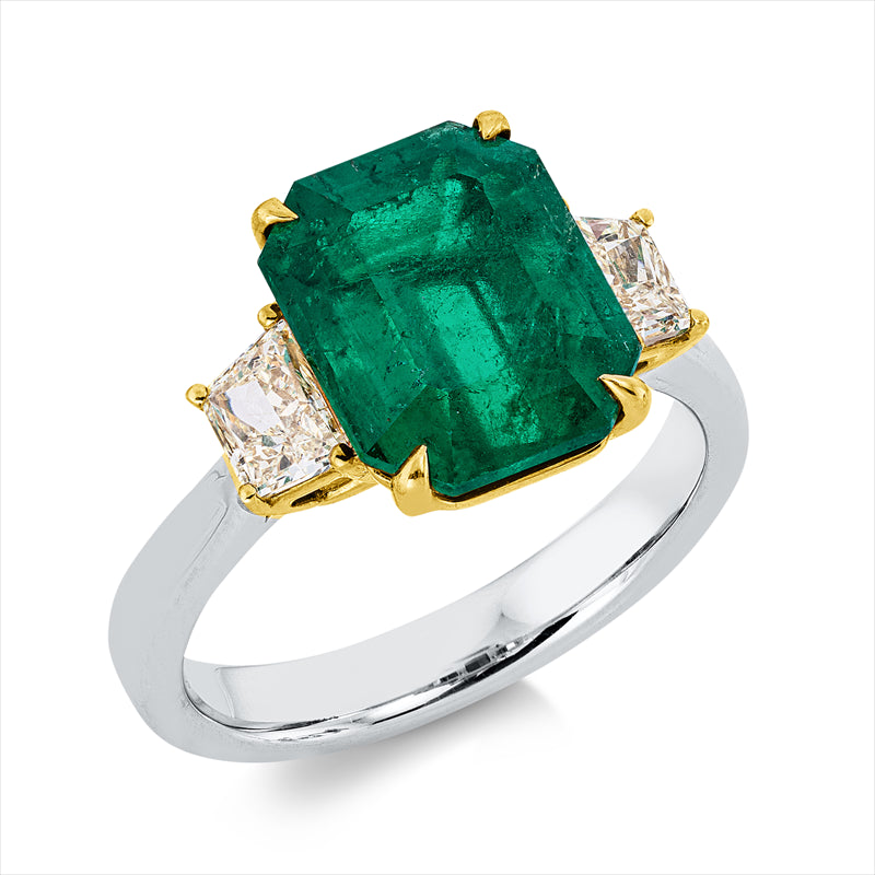 Ring 18 kt WG+GG, 2 Fant-Schl. 0,70 ct, gelb, 1 Smaragd 3,75 ct grün