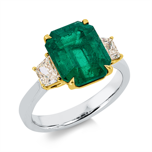 Ring 18 kt WG+GG, 2 Fant-Schl. 0,70 ct, gelb, 1 Smaragd 3,75 ct grün