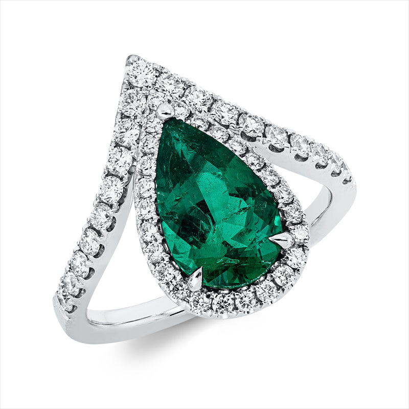 Ring 18 kt WG, 44 Brill. 0,53 ct, F-vvs/vs, 1 Smaragd 1,67 ct grün