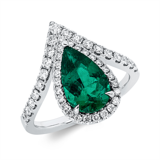 Ring 18 kt WG, 44 Brill. 0,53 ct, F-vvs/vs, 1 Smaragd 1,67 ct grün