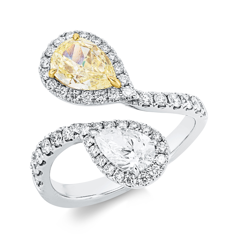 Ring 18k WG+GG, GIAx2, 1 Tropfen 0,52 ct, E-vvs2, 1 Tropfen 0,80 ct, gelb, 47 Brill. 0,54 ct, F-vvs/vs