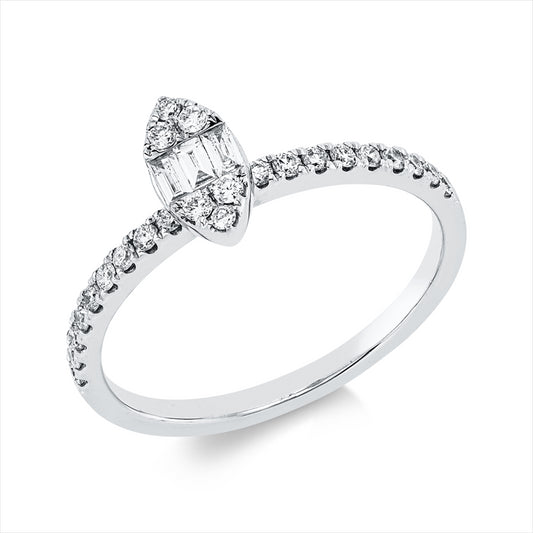 Ring 18 kt WG, 3 Bag. 0,08 ct, TW-si, 24 Brill. 0,23 ct, TW-si