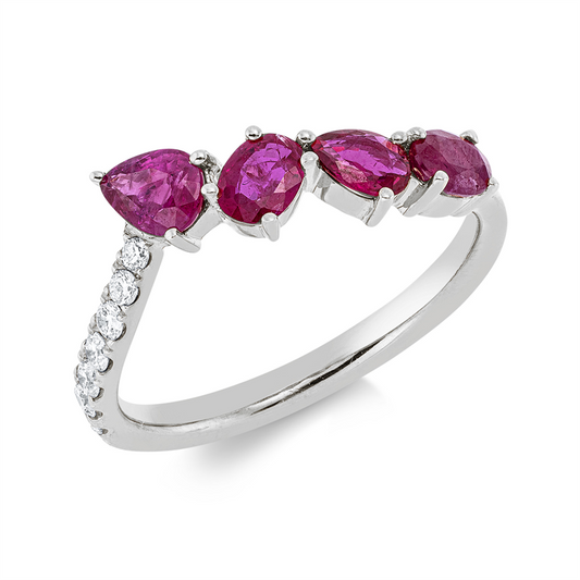 Ring 18 kt WG, 7 Brill. 0,14 ct, TW-si, 2 Rubine 0,49 ct rot, 2 Rubine 0,48 ct rot