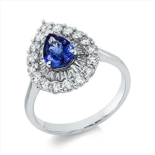 Ring 18 kt WG, 20 Trap. 0,47 ct, TW-si, 17 Brill. 0,65 ct, TW-si, 1 Saphir 1,05 ct blau