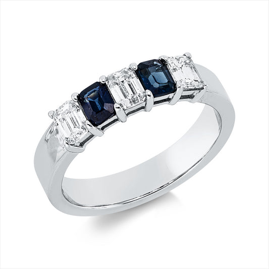 Ring 18 kt WG, 3 Sm.schliff 0,73 ct, TW-vsi/si, 2 Saphire 0,52 ct blau