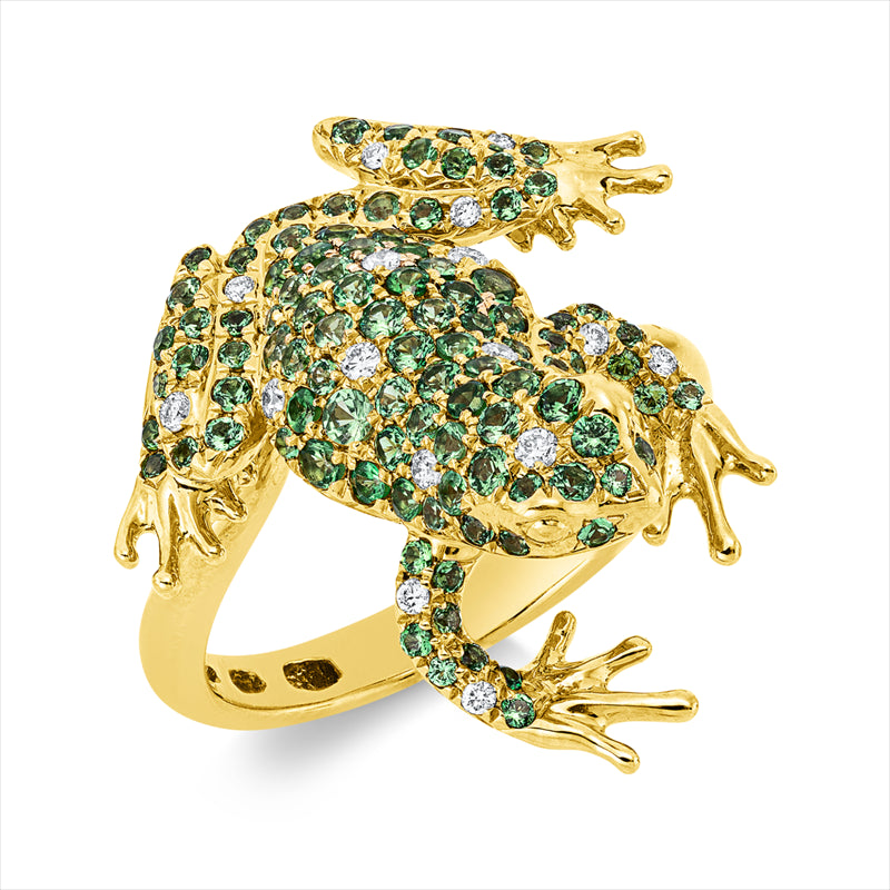 Ring 18 kt GG, 16 Brill. 0,11 ct, TW-vsi, 109 Tsavorith 1,15 ct grün